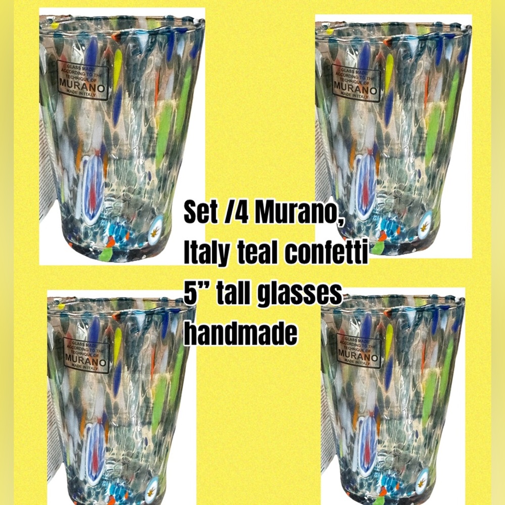 Murano of taly handmade. Teal. Confetti glasses set of 4